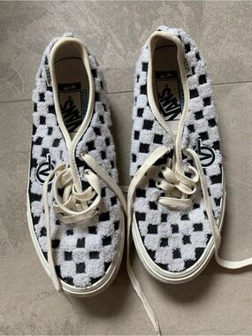 Vans Platform Checkerboard Terry Cloth Sneakers in Black, White & Cream